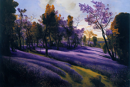 美丽的林地蓝铃林 在春天 紫色和粉红色图片