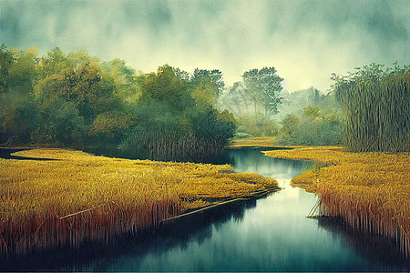 河流 有 树木反映水彩色的手工画插图图片