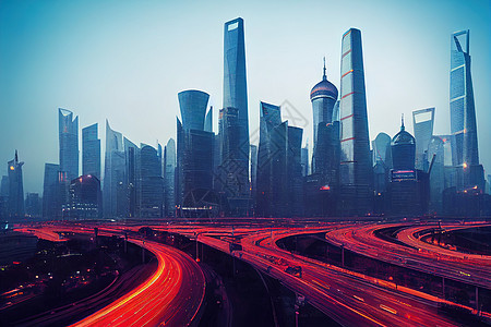 中国上海现代城市天际 交通和城市景色的现代城市天空线图片