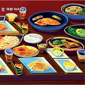 亚洲食物刻在桌子上 面盘放在风景最顶端 食品菜单设计配熟面条矢量餐厅美食盘子房子牛扒厨房插图卡片午餐柠檬图片