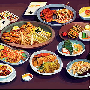 亚洲食物刻在桌子上 面盘放在风景最顶端 食品菜单设计配熟面条矢量筷子盘子厨房美食餐厅旅行午餐卡片明信片横幅图片