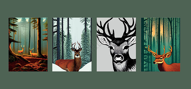 一组垂直海报 北部森林和野鹿肖像 矢量图示 带深冬季的风景以及北草林和野鹿肖像季节野生动物地平线植物树木哺乳动物艺术动物旅行树叶图片