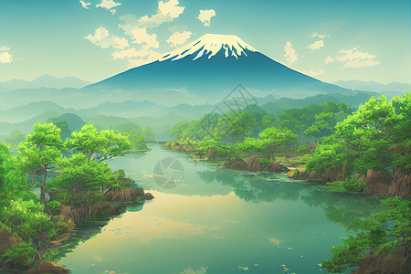 日本动画壁纸 上面有美丽的粉红樱桃树和背景的藤山卡通片数字观光绘图绘画吸引力地标反射全景插图图片
