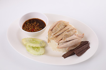 泰国食品美食鸡肉加大米 木本面的早餐食物盘子饮食文化黄瓜鸡饭香菜午餐煮沸图片