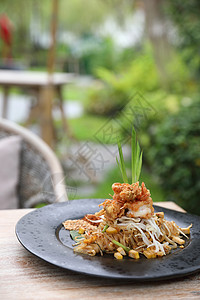 泰国食用棉面条和虾鱼油炸餐厅花生菜单柠檬面条美食豆腐盘子蔬菜图片