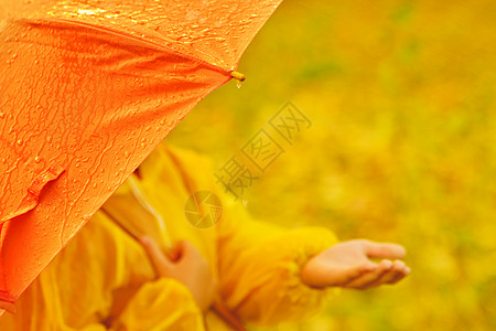 在秋天公园 快乐的小孩 被雨滴落到秋天公园雨衣气候花园童年季节公园乐趣水坑女孩孩子图片