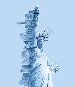 自由女神像和纽约有适应空间的顶楼线的双暴露图像 Blue Told 图像图片