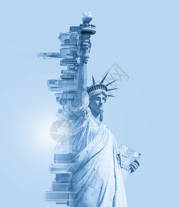 自由女神像和有适应空间的纽约新天空线的双曝光图像 Tone 图像景观阳光女士建筑学国家调色天际太阳城市雕像图片