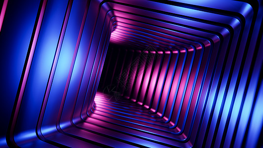 在平方形隧道飞行 3D显示图案走廊科学辉光蓝色渲染激光3d柱子插图曲线图片