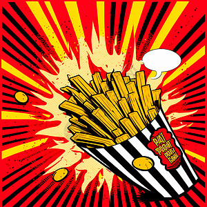流行艺术风格的薯条纸盒餐厅筹码盒子包装垃圾食物菜单卡通片午餐图片