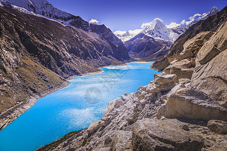 秘鲁安卡什 安第斯山脉雪积的松石帕龙湖荒野地标风景国际旅行表面晴天岩石摄影山脉图片