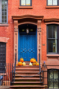纽约市标志性的格林威治村砖砌公寓楼 台阶直通蓝门和南瓜图片