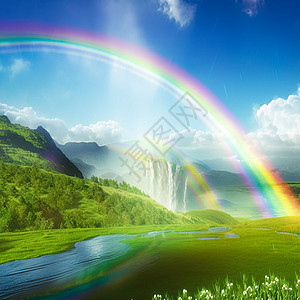 彩虹PSD充满彩虹和瀑布的夏季风景天空溪流树木环境力量叶子旅游水彩蓝色火箭背景