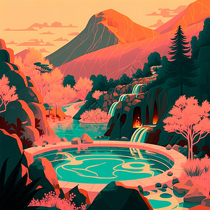 浮世绘山中温泉的插图旅游假期广告猕猴饮料横幅奢华山脉闲暇男人背景