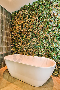 绿色墙前的白色浴缸图片