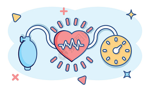 漫画风格的动脉血压图标 孤立背景下的心跳监视器卡通矢量插图 脉冲诊断飞溅效应标志商业理念韵律医生疾病压力计有氧运动工具病人机器关图片