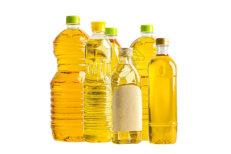 不同瓶子里含橄榄油的植物油 用于在白色背景下单独烹饪椰子塑料核桃饮食食物食品厨房杏仁向日葵南瓜图片