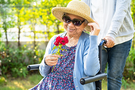 帮助在公园轮椅上拿着红玫瑰的亚洲老人或老年老太婆妇女红玫瑰花园玫瑰椅子海报护理病人护士失智药品全景图片