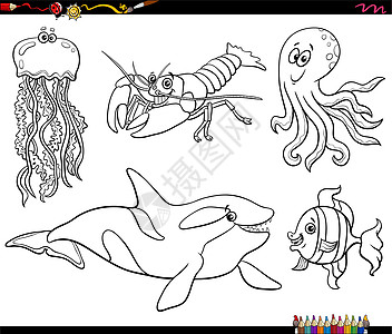 动物人物设置彩色页面 卡通海洋生命动画背景图片