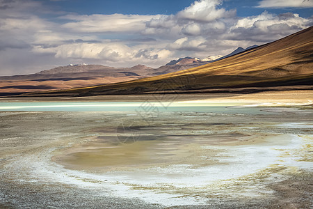 智利与玻利维亚接壤的智利阿塔卡马Sunset Atacama高原地方山脉对称日落旅游沙漠反射绿洲橙子图片