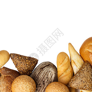 白色背景上分离的面包团构成含面包卷煎饼谷物早餐种子食物包子面粉杂货店粮食小麦图片