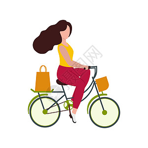 女孩购物插画一个漂亮的女孩骑着自行车去商店购物 健康生活方式 骑自行车 运动的概念 食物的运送 矢量卡通平面插画背景