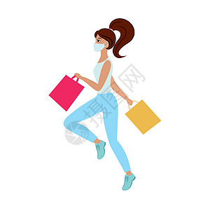 一个身穿牛仔裤 T 恤和医用口罩的漂亮时尚女孩带着包跑到商店 以低价 折扣和销售的方式购物 矢量平面卡通插画图片