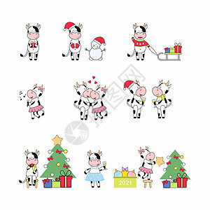 圣诞节以 2021 年新年为标志 快乐的公牛和奶牛装扮圣诞树 喝香槟 送礼物 新年快乐 圣诞快乐 带有不同公牛的图标图片