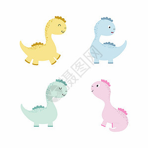 一套可爱的恐龙 孩子们的恐龙 水彩颜色的卡通矢量插图 用于印刷衣服 生日装饰 明信片 有关恐龙和龙的书籍的绘图图片