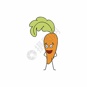带绿色树枝的有趣的胡萝卜 有眼睛的健康蔬菜 卡通风格的儿童矢量字符图片