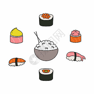 配有寿司和卷子 日本传统食品 大米和筷子 餐厅的图标收藏 涂鸦风格的矢量图解背景图片