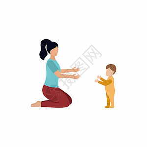 一个小男孩学会走路 母亲教孩子走路 并向他伸出双手 一个女人坐在地板上 平面样式的矢量字符图片