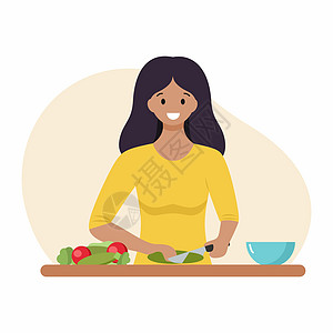 女人切蔬菜做沙拉 在家煮饭 用平式的矢量插图图片