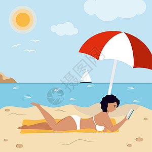 穿泳衣的女人躺在沙滩上看一本书 旅游和旅行 海边度假英雄棕褐色阅读数字内衣海岸火鸡海鸥女孩热带图片