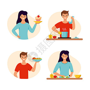 男人和女人在厨房里做饭 用平式的矢量字符早餐插图英雄女孩午餐家庭女士糕点卡通片烹饪图片