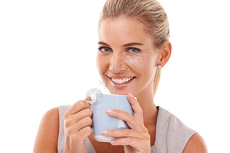 在招聘理念 创新或愿景方面 女商务人士 肖像或在孤立的白色背景下喝咖啡 带茶杯 人力资源目标或 hr 模型的微笑 快乐或公司员工图片