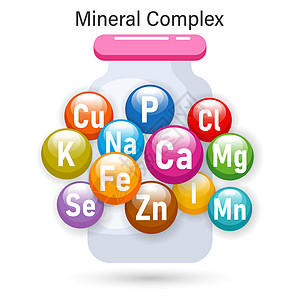 健康营养的矿物综合体 药瓶中的矿物图标说明 见AC 54970 附件营养学保健补充津贴预防饮食插图卫生化学品信息背景图片