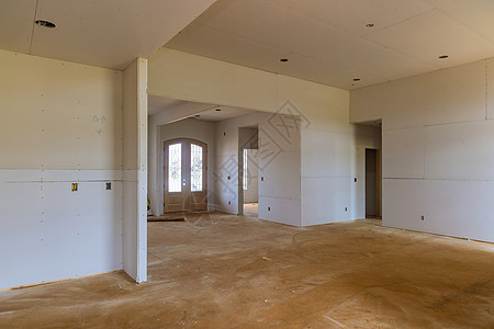 室内客厅正在建造公寓墙壁安装石膏泥板干墙 目前正在建造中背景