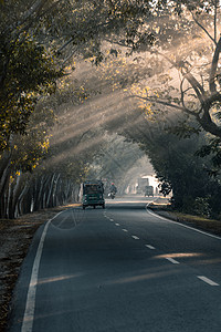 冬季清晨在孟加拉公路上驾车运输运动速度城市田园沥青低温卡车阳光风光图片