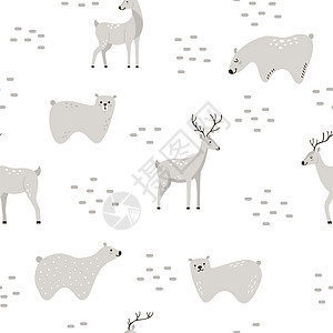 以斯堪的纳维亚风格 在白背景上手工画熊和鹿图片