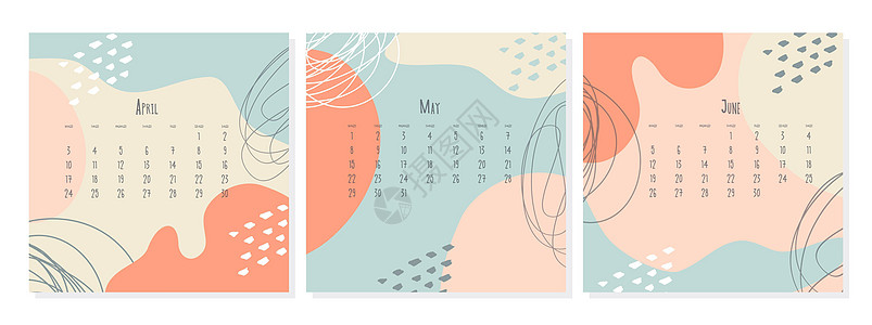 一套2023年日历模板在4月前于5月前于6月 日历封面概念 boho风格抽象插图图片