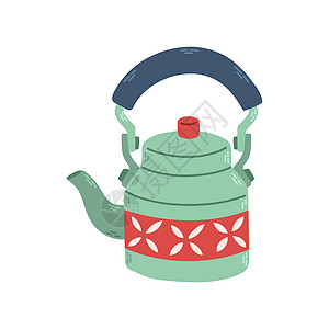 茶的蓝色绿色和红色茶壶与装饰品 在网站和应用程序的白色背景上隔离的库存设计图片