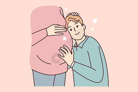 男孩少年靠在怀孕母亲的肚子上听未出生孩子的心跳 矢量图像图片