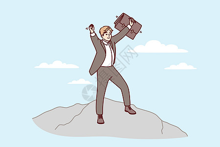 自信的商务人士站在山上 举起手来为事业成功欢乐 矢量形象图片