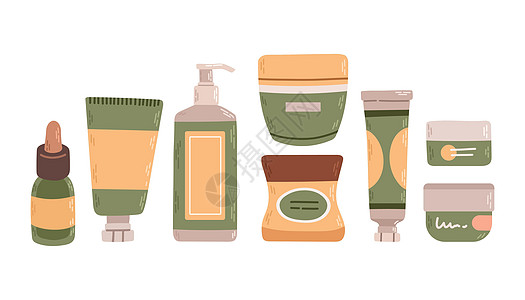 一套美容化妆品平板设计矢量说明卡通片润肤皮肤插图治疗洗剂血清女士产品女性图片