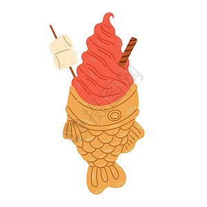 塔亚基冰淇淋意大利面包店 鱼形蛋糕加草莓冰淇淋 日本街头食品 卡通向量图片