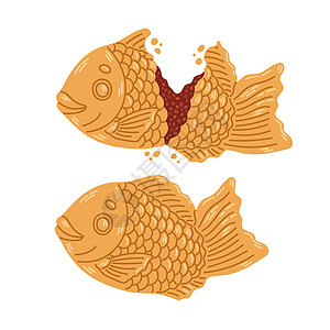日本面包店 鱼形蛋糕和红豆填料 日本街面食品 卡通矢量图解食物手绘街道鲷鱼饼子绘画鱼形烹饪卡通片小吃图片
