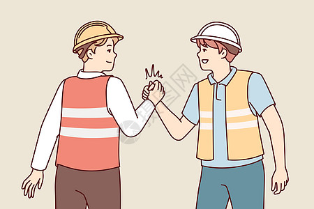 两个穿着建筑工装的男人握手握手 紧紧握着彼此的手掌 矢量图像图片