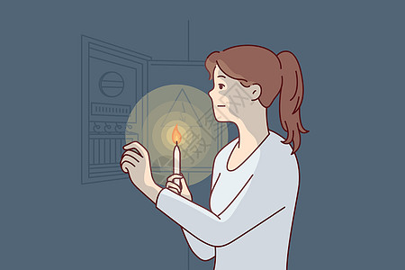 燃烧蜡烛的女人接近电屏 寻找能源停用的原因 矢量图象(Victor)图片