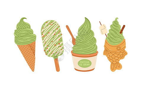 Matcha 冰淇淋成套孤立矢量 用于贴纸 明信片 笔记本图片